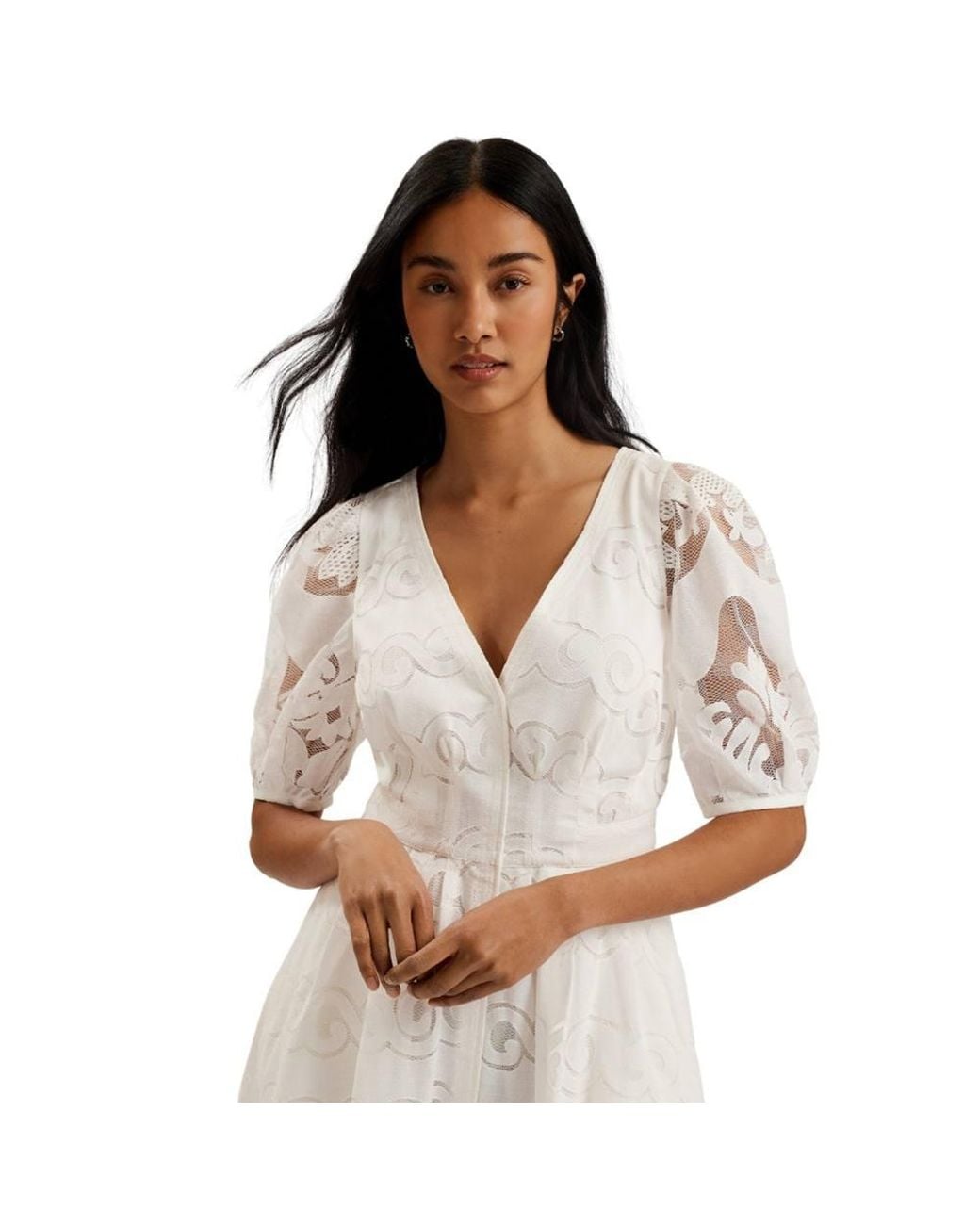 Ted Baker White Agnel Three Quarter Sleeve V-Neck Regular Fit Midi Dress