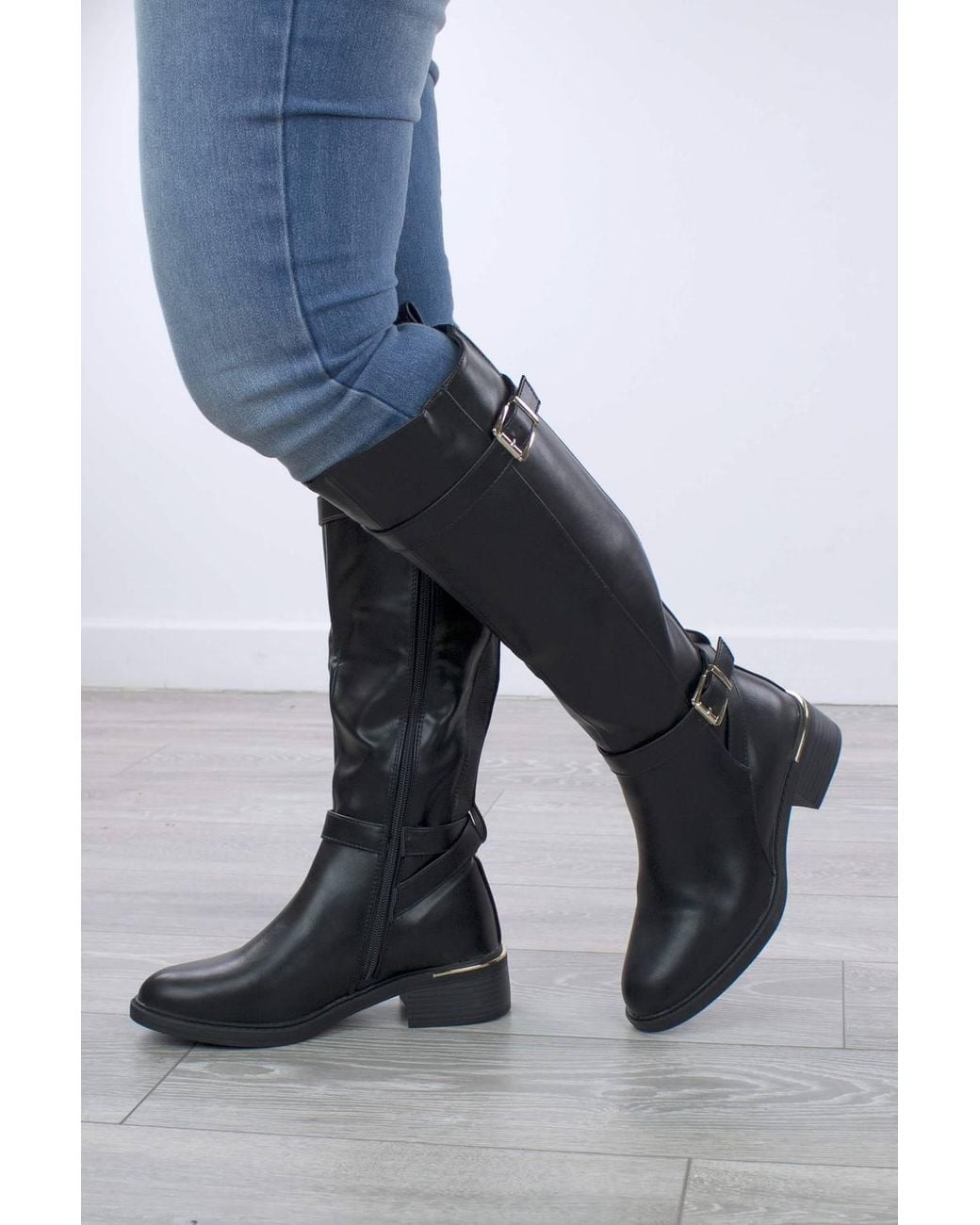AJVANI Blue Buckle Knee High Riding Biker Boots