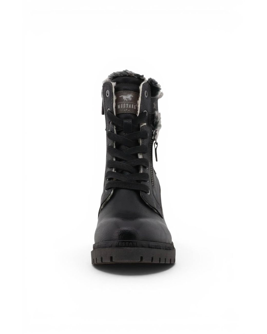 Infinity Leather Black Mustang Winter Warm Heeled Lace-Up Boots