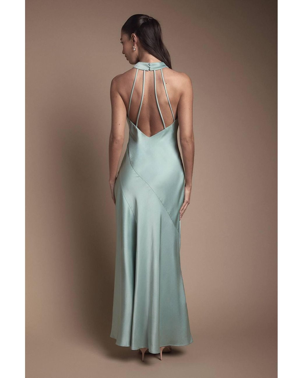Oasis Green Cowl Halterneck Satin Maxi Bridesmaid Dress