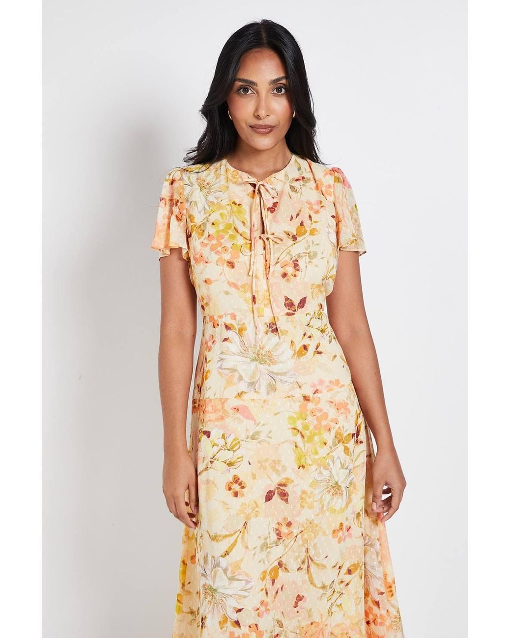 Wallis Natural Petite Floral Dobby Tie Front Midi Dress