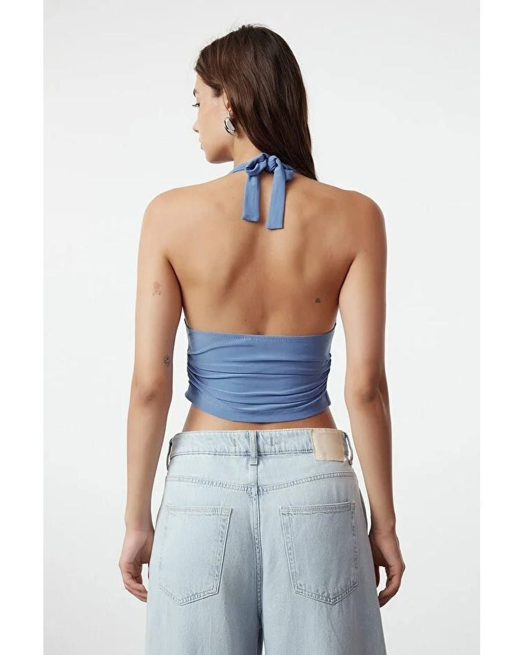 WOVCOR Blue Halter Neck Ruched Crop Top W/ Deep V Neck