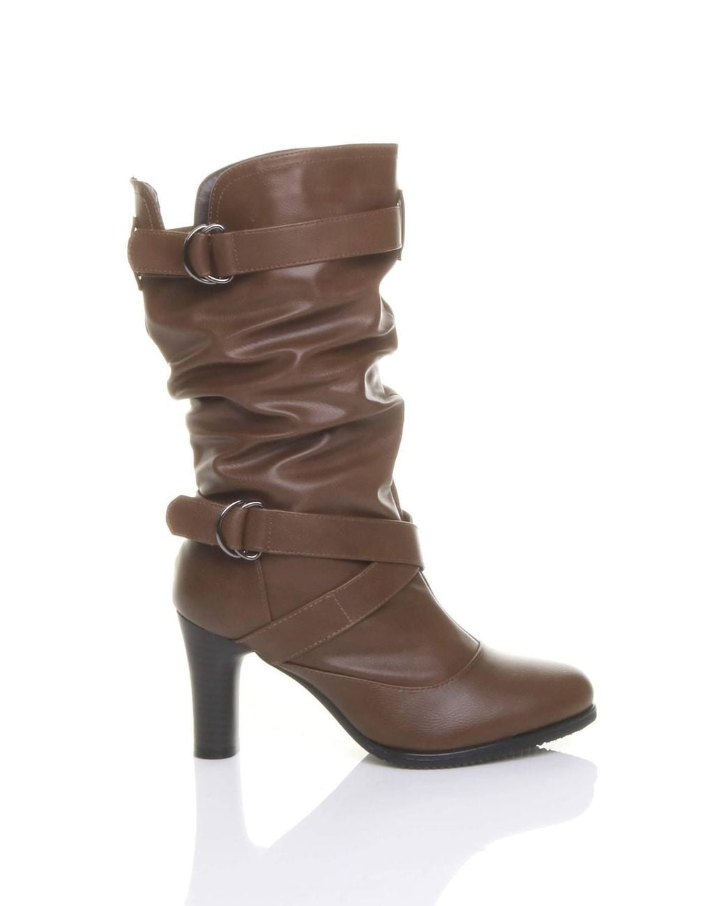 AJVANI Brown High Block Heel Ruched Calf Boots