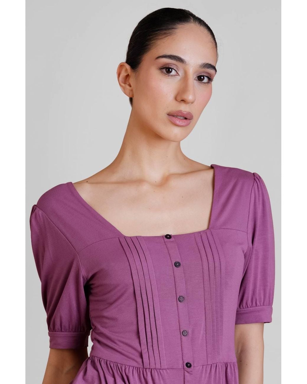 Enorsia Purple Puff Sleeve Squared Neck Top