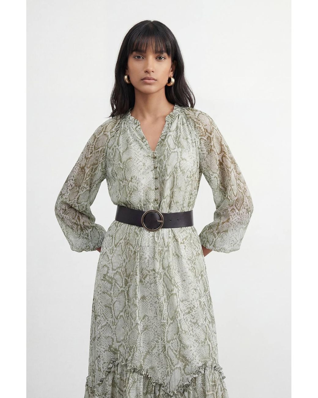 Warehouse Multicolor Petite Snake Print Ruffle Detail Belted Maxi Dress