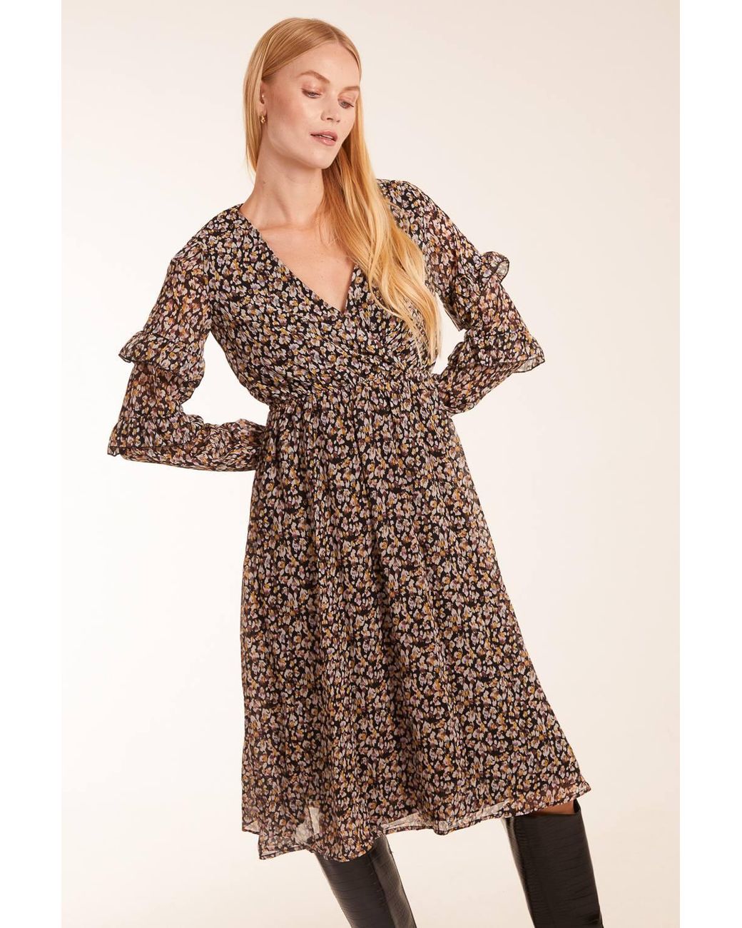 Blue Vanilla Brown Frill Sleeve Wrap Midi Dress