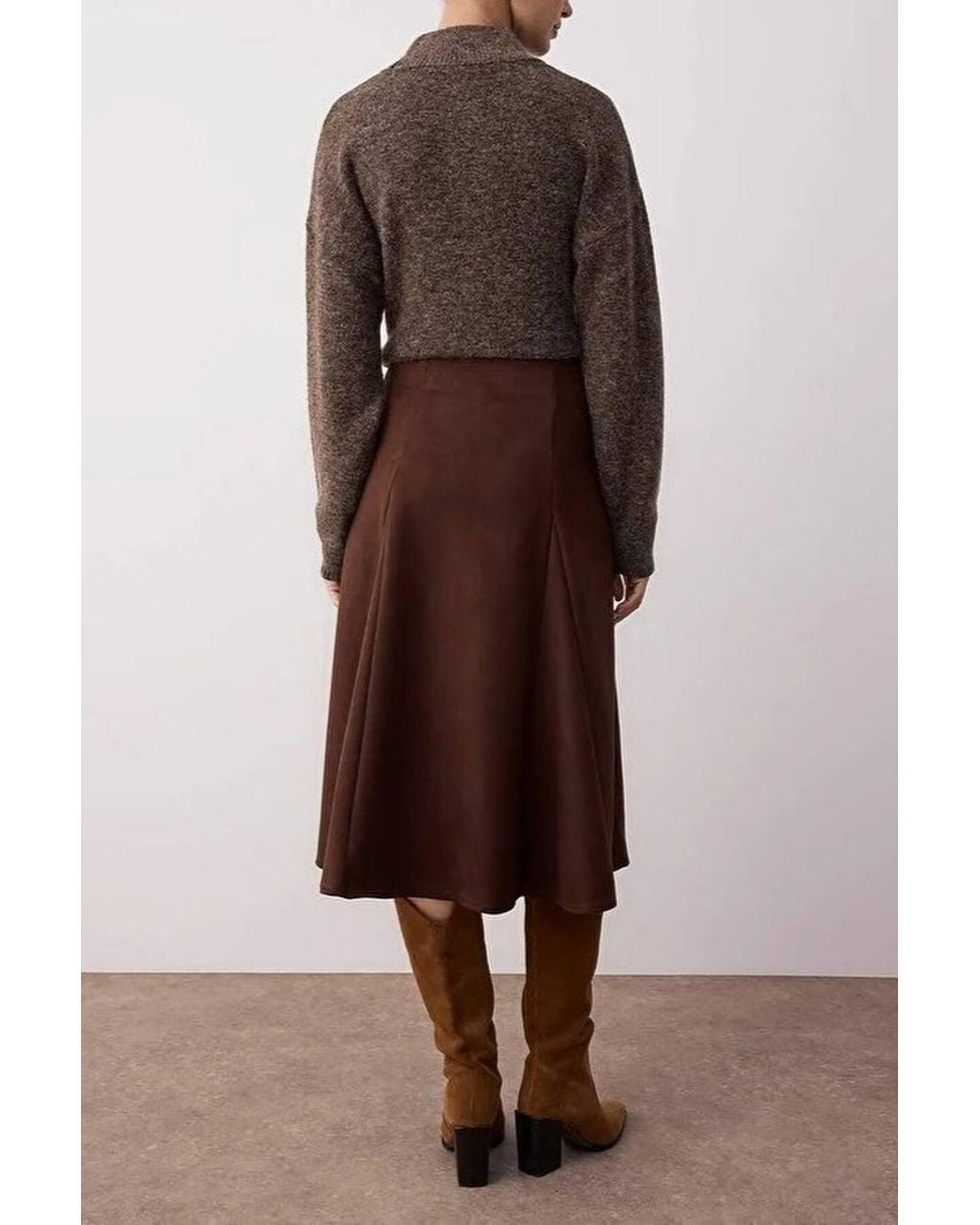 WOVCOR Brown A-Line Woven Midi Skirt W/ Soft Suede Finish & Fluid Shape