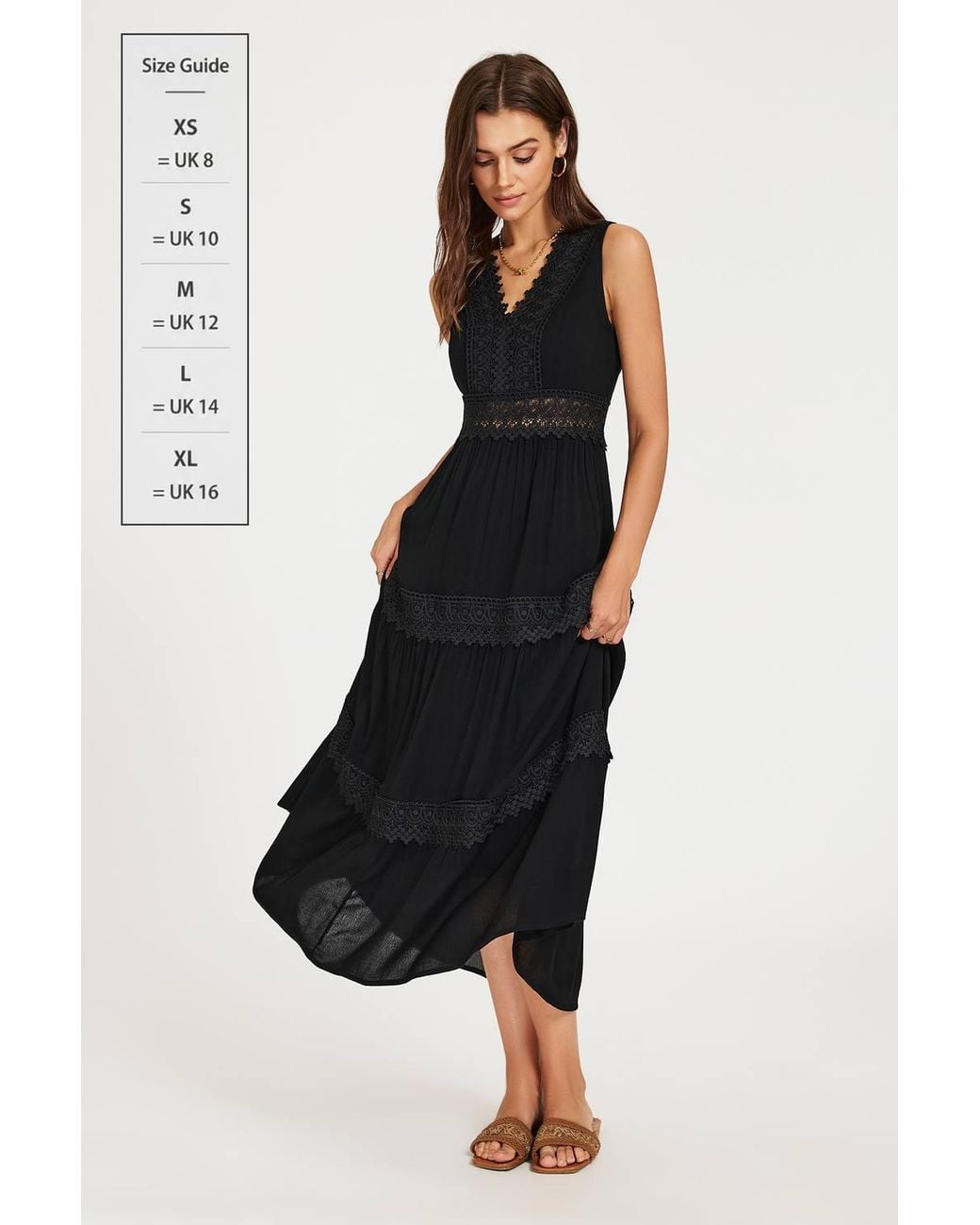 FS Collection Black Lace Trim V-Neck Tiered Sleeveless Midi Dress