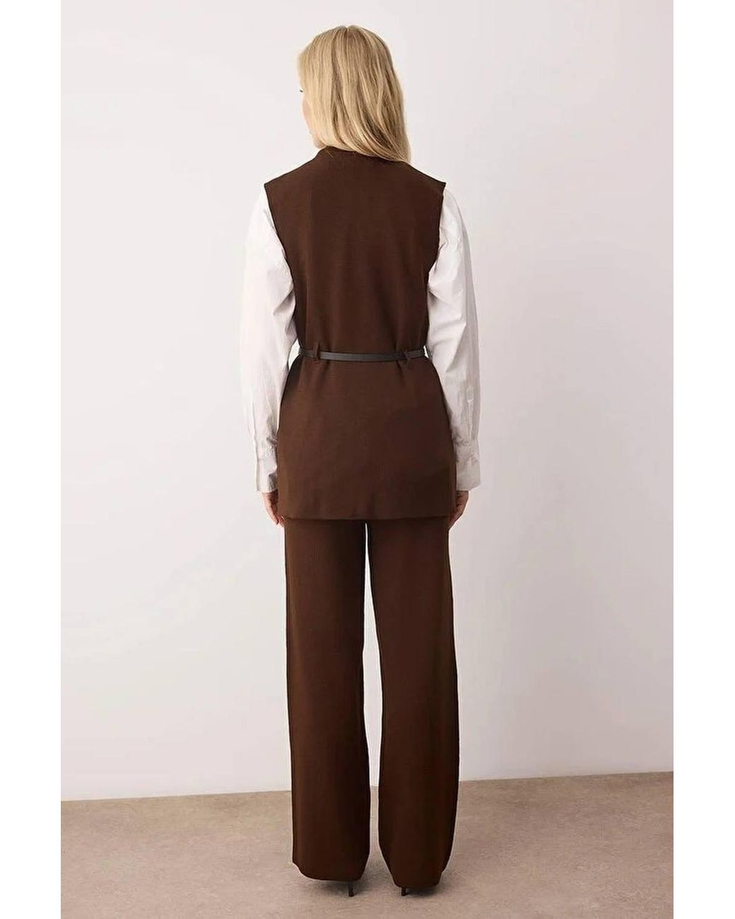 WOVCOR Brown Button Belt Detail Knit Top & Wide Leg Trouser Co-Ord Set