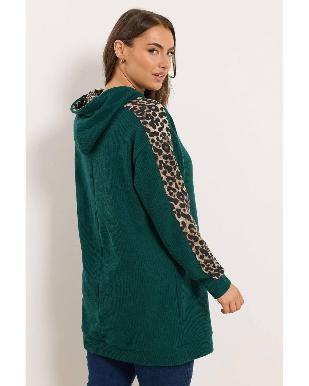 Yours Green Leopard Print Trim Hoodie