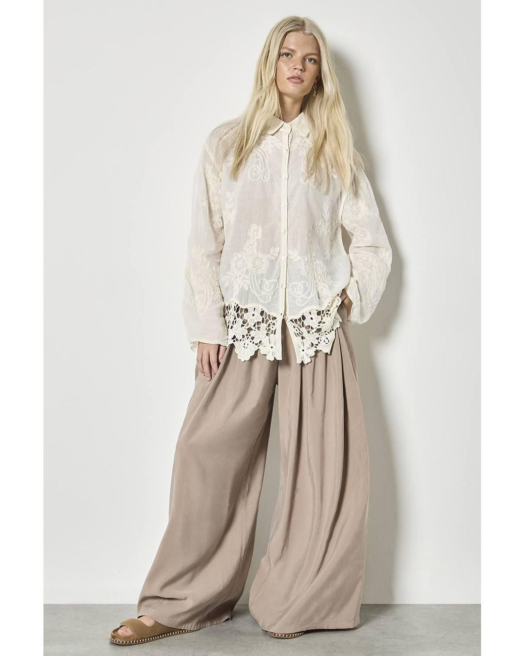 Apricot Natural Embroidered Cotton Mesh Lace Oversized Shirt