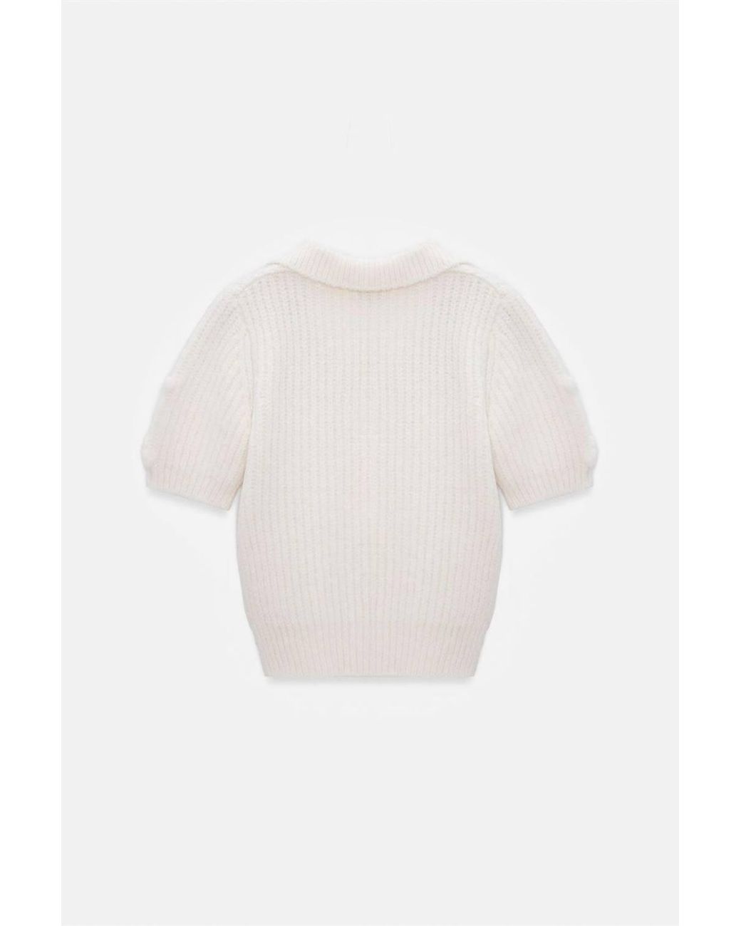 Dilvin White Textured Ribbed Polo-Collar Sweater