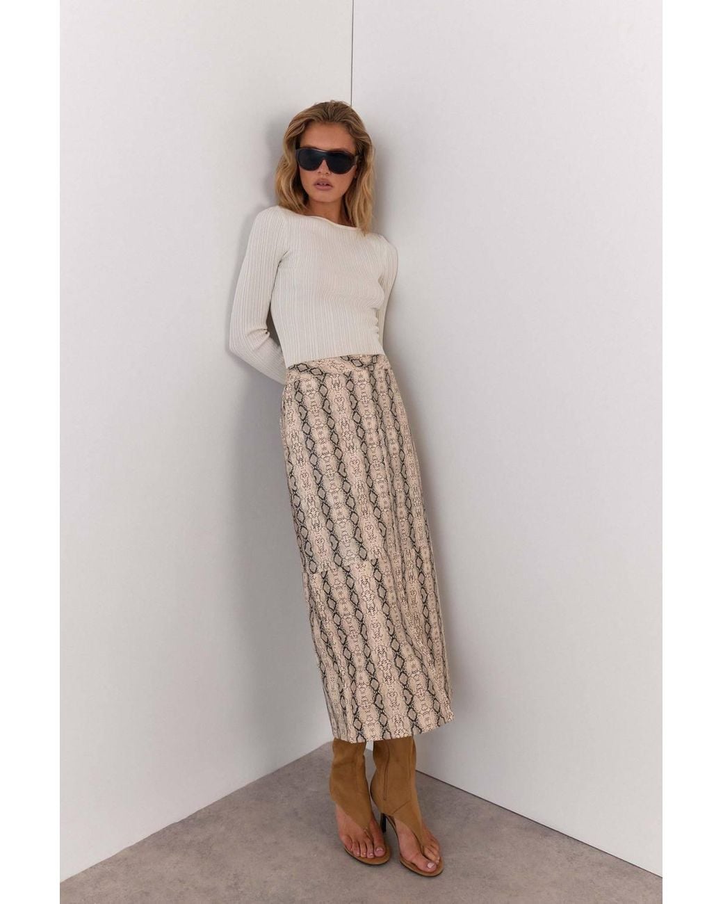 Warehouse Natural Snake Print Faux Leather Midi Skirt