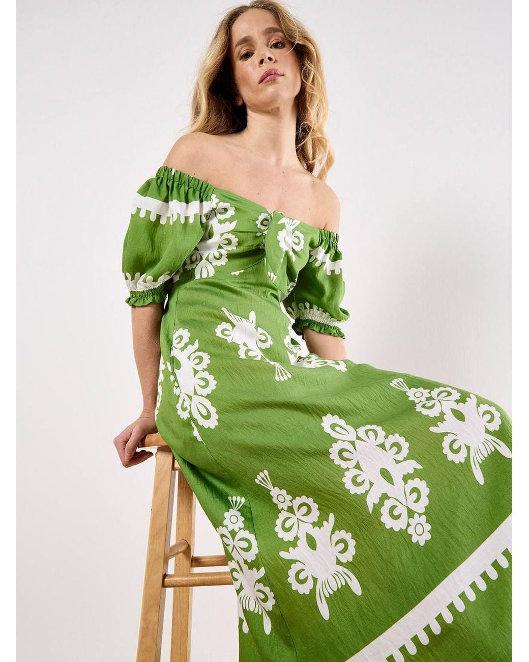 Apricot Green Folk Floral Print Midi Dress
