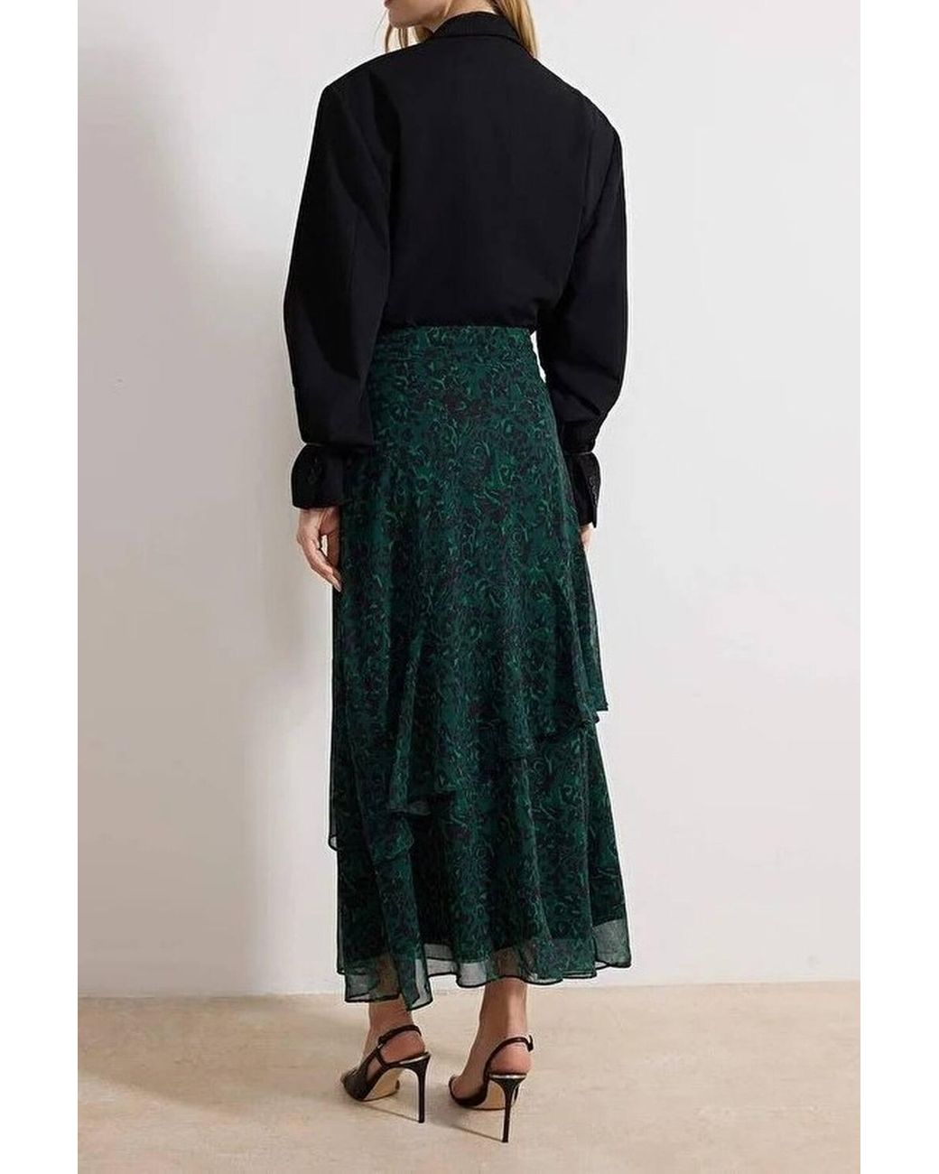 WOVCOR Black Printed Tiered Chiffon Maxi Skirt