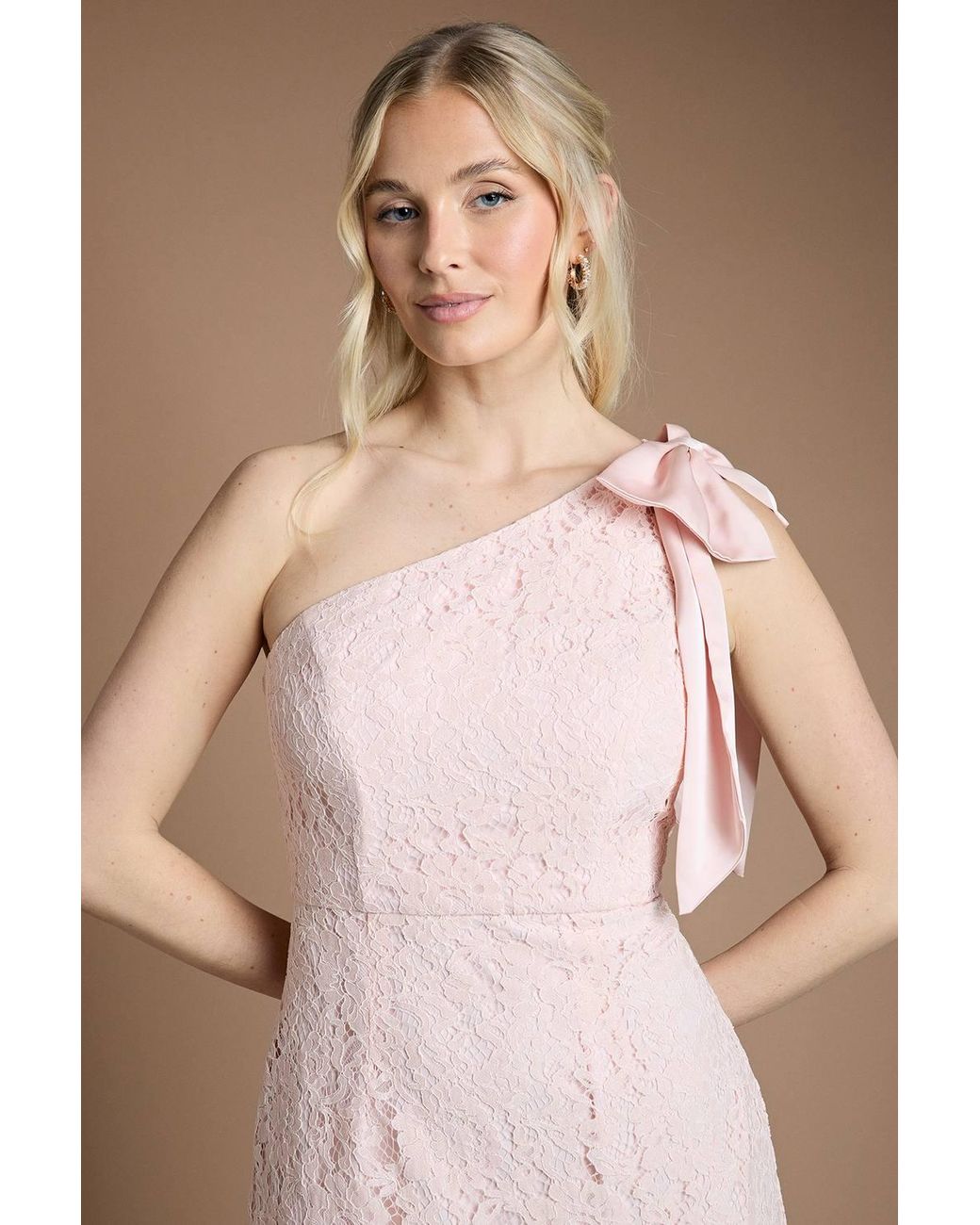 Coast Brown One Shoulder Bow Detail Lace Bridesmaid Dress