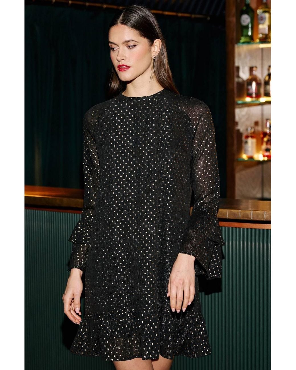 Yumi' Black Foil Print Tunic W/ Flared Sleeves Dress