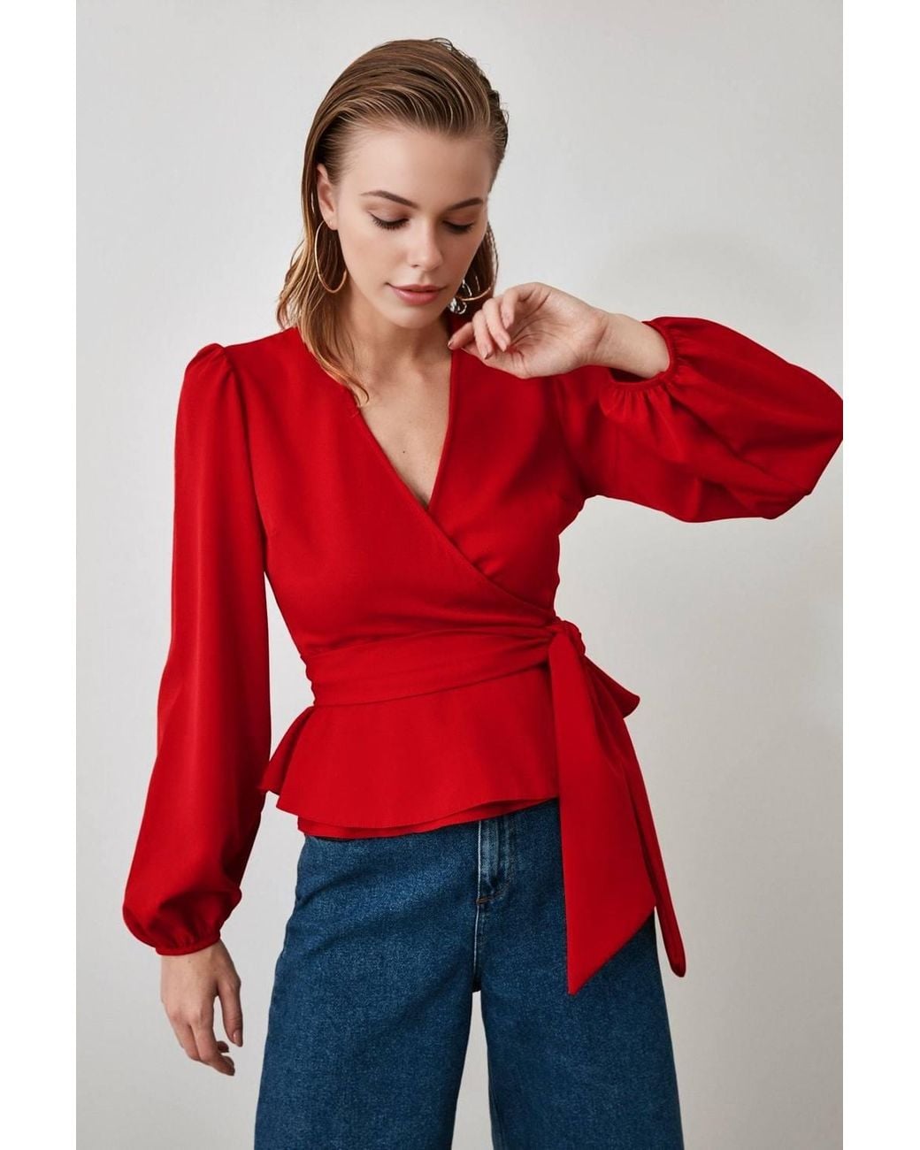 WOVCOR Red Tie Front Woven Blouse W/ V-Neck Detail