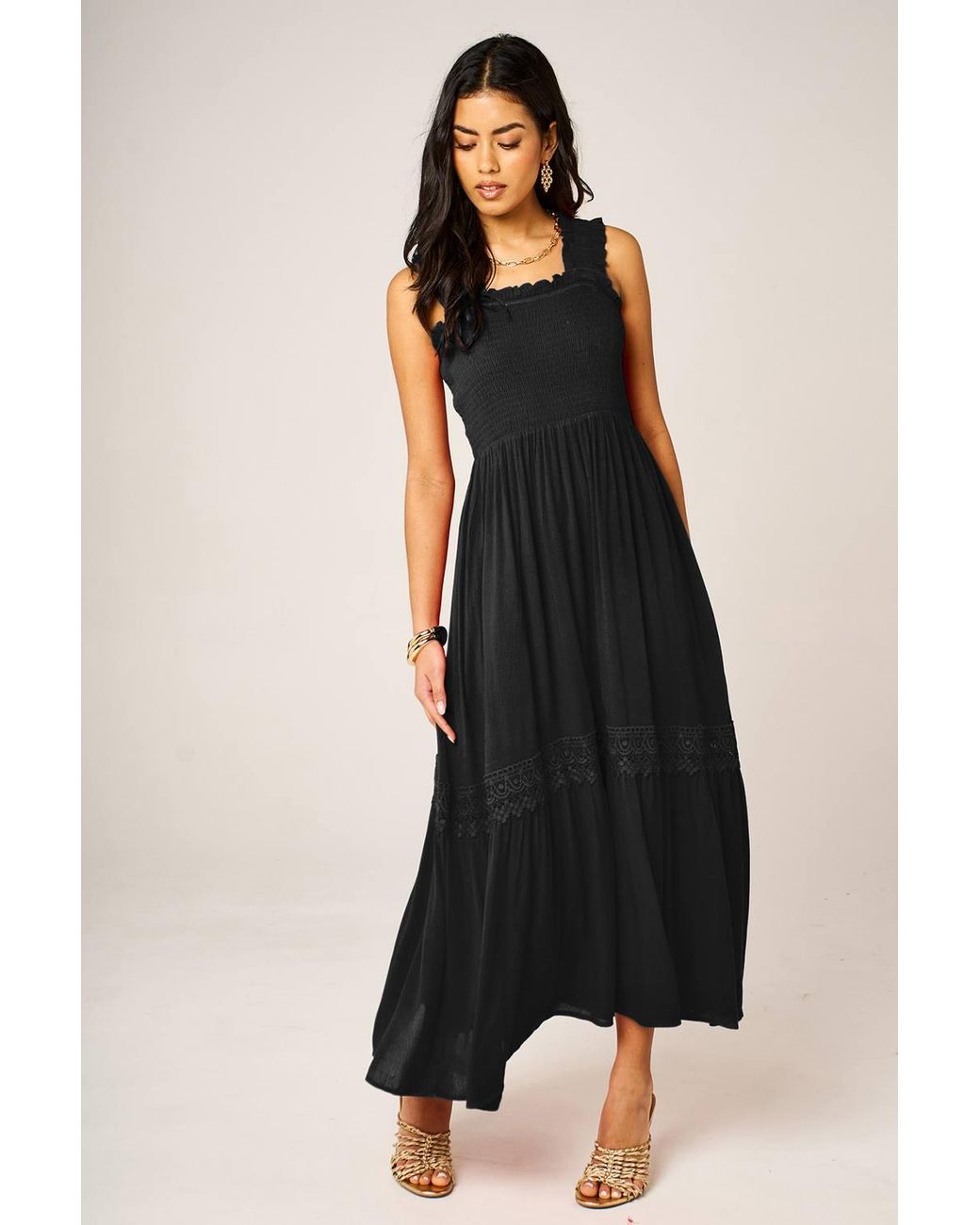 FS Collection Black Shirred Bodice Tiered Midi Dress With Lace Trim