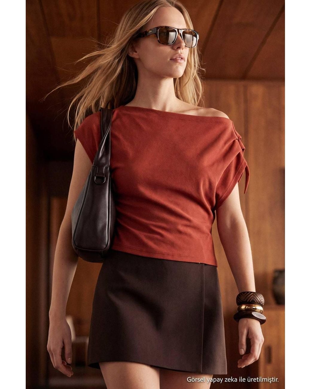 WOVCOR Red Asymmetric Neckline Relaxed Fit Dropped Sleeve Blouse