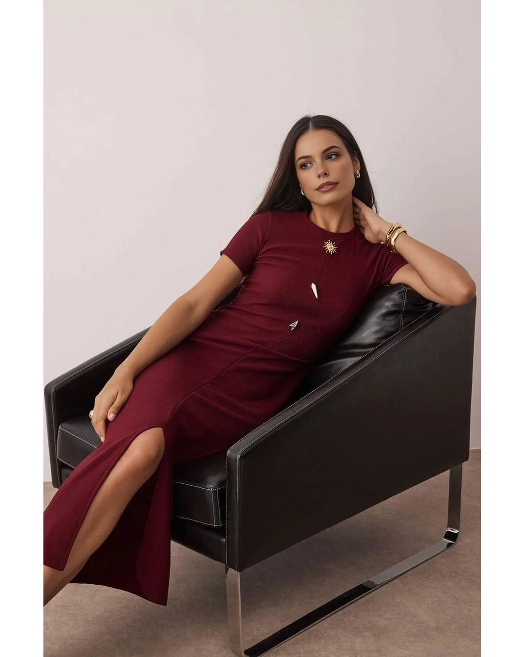 WOVCOR Textured Knit Midi Dress W/ Side Slit & Button Detail