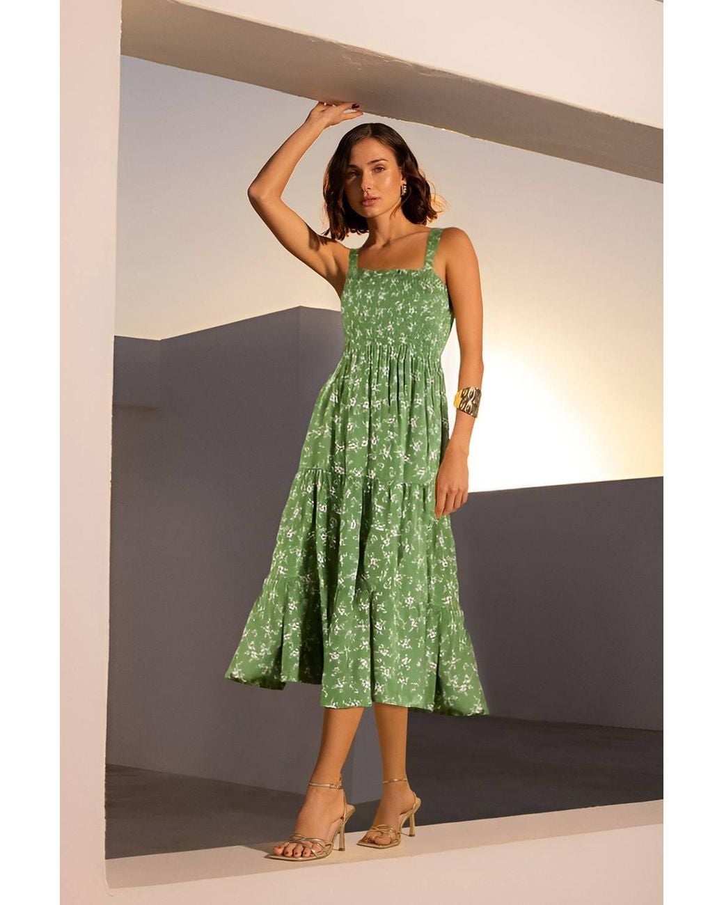 Apricot Green Orchid Print Smocked Midi Dress
