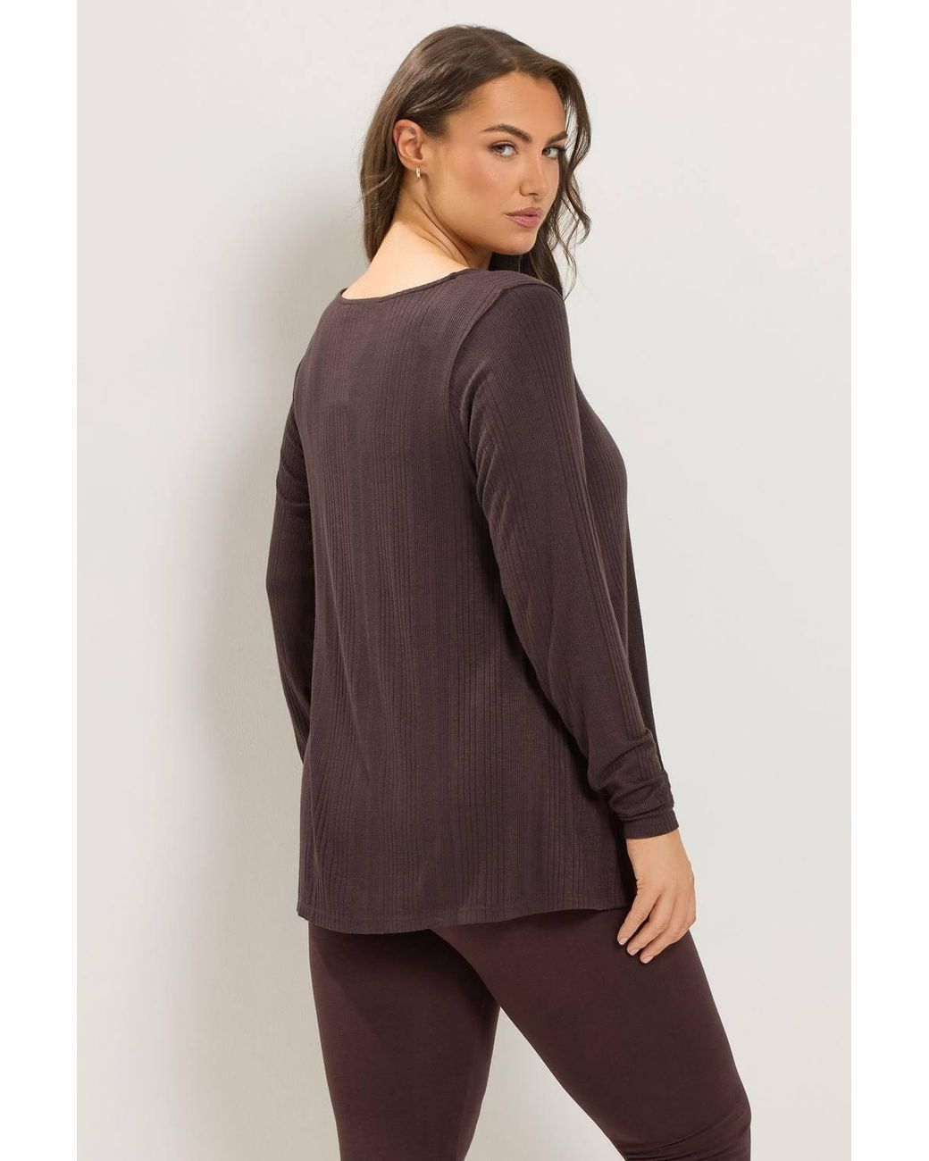 Yours Brown Ribbed Button Front Top
