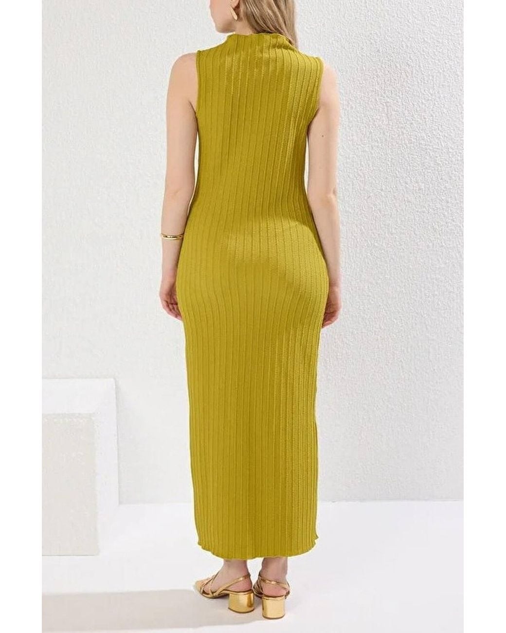 WOVCOR Yellow Ribbed High Neck Sleeveless Maxi Dress