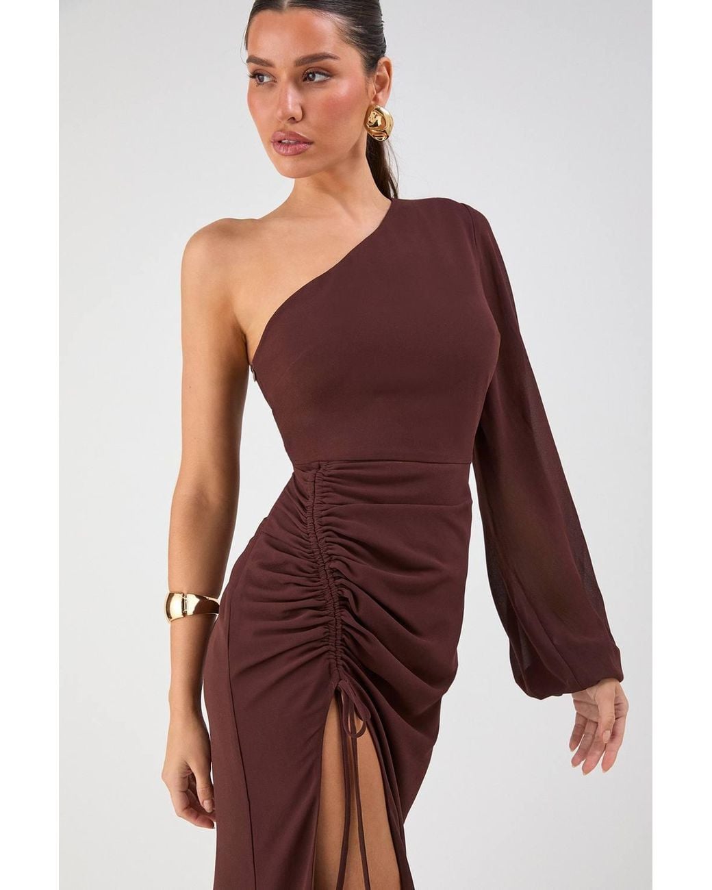 MissPap Brown One Shoulder Ruched Detail Maxi Dress