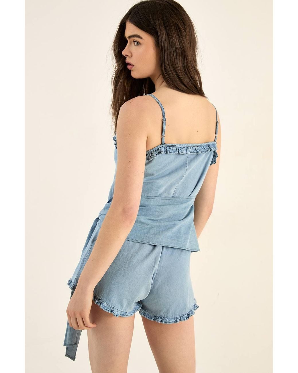Nasty Gal Blue Chambray Lace Trim Tie Waist Romper