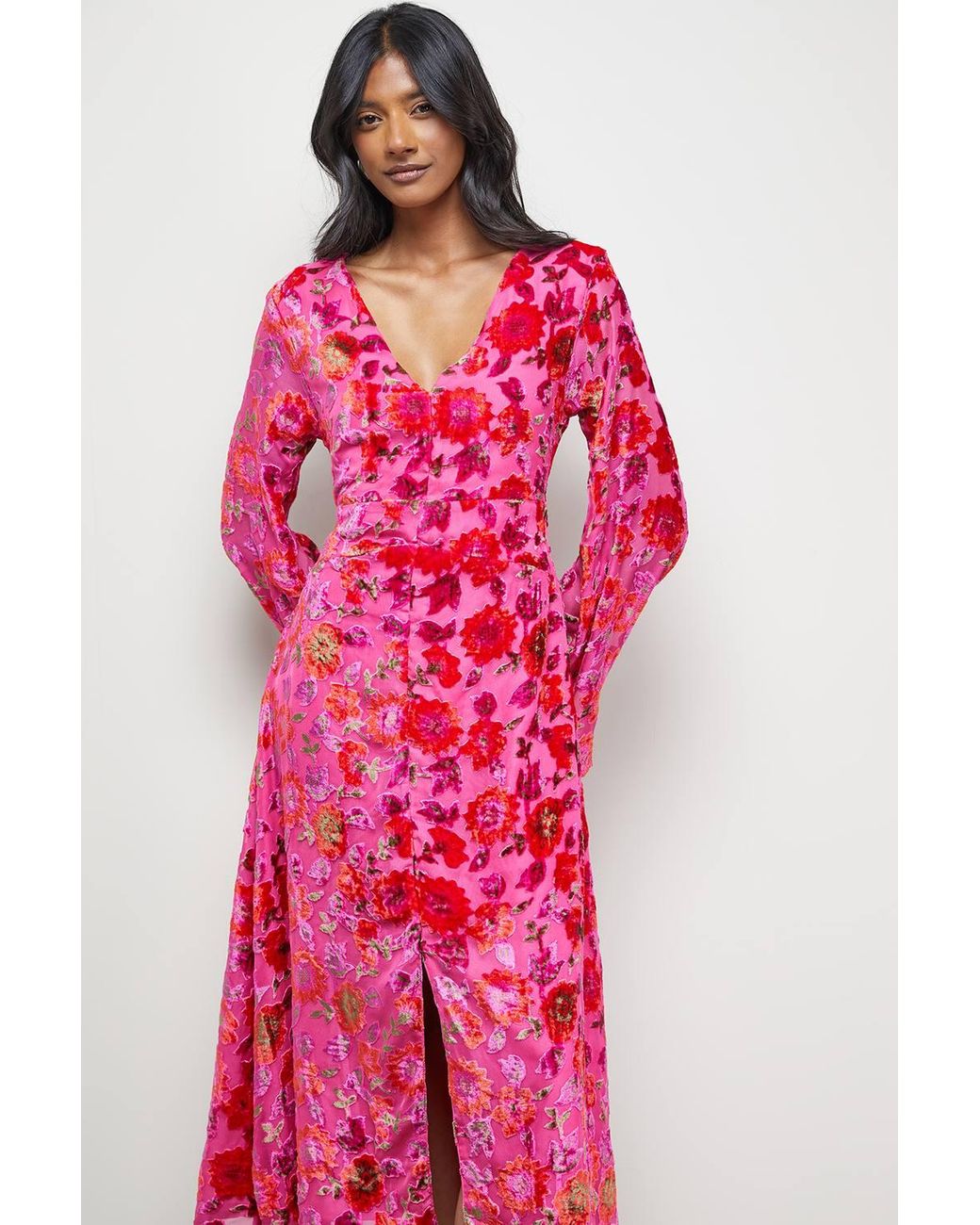 Warehouse Pink Devore Plunge Neck Waisted Midi Dress