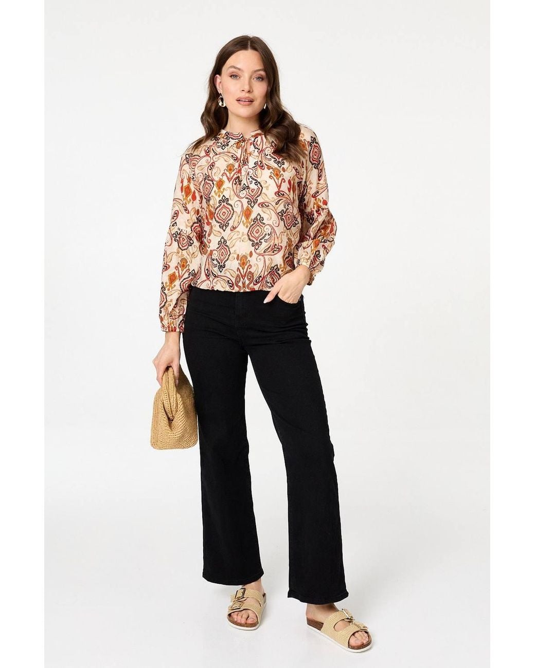 Izabel London Orange Printed Tie High Neck Long Sleeve Blouse