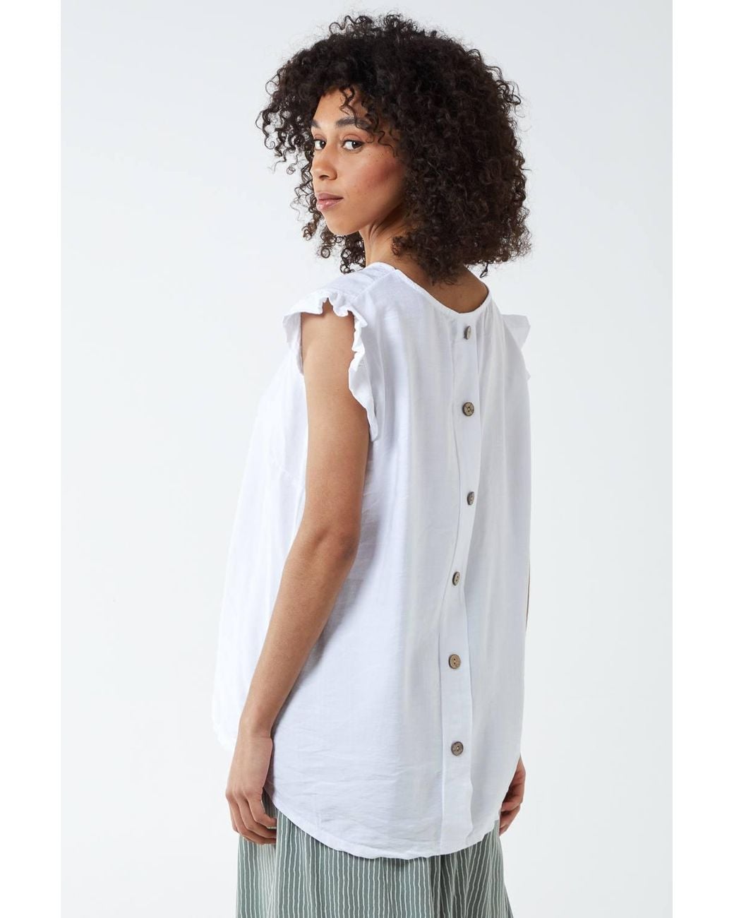 Blue Vanilla White Button Back Frill Shoulder Top