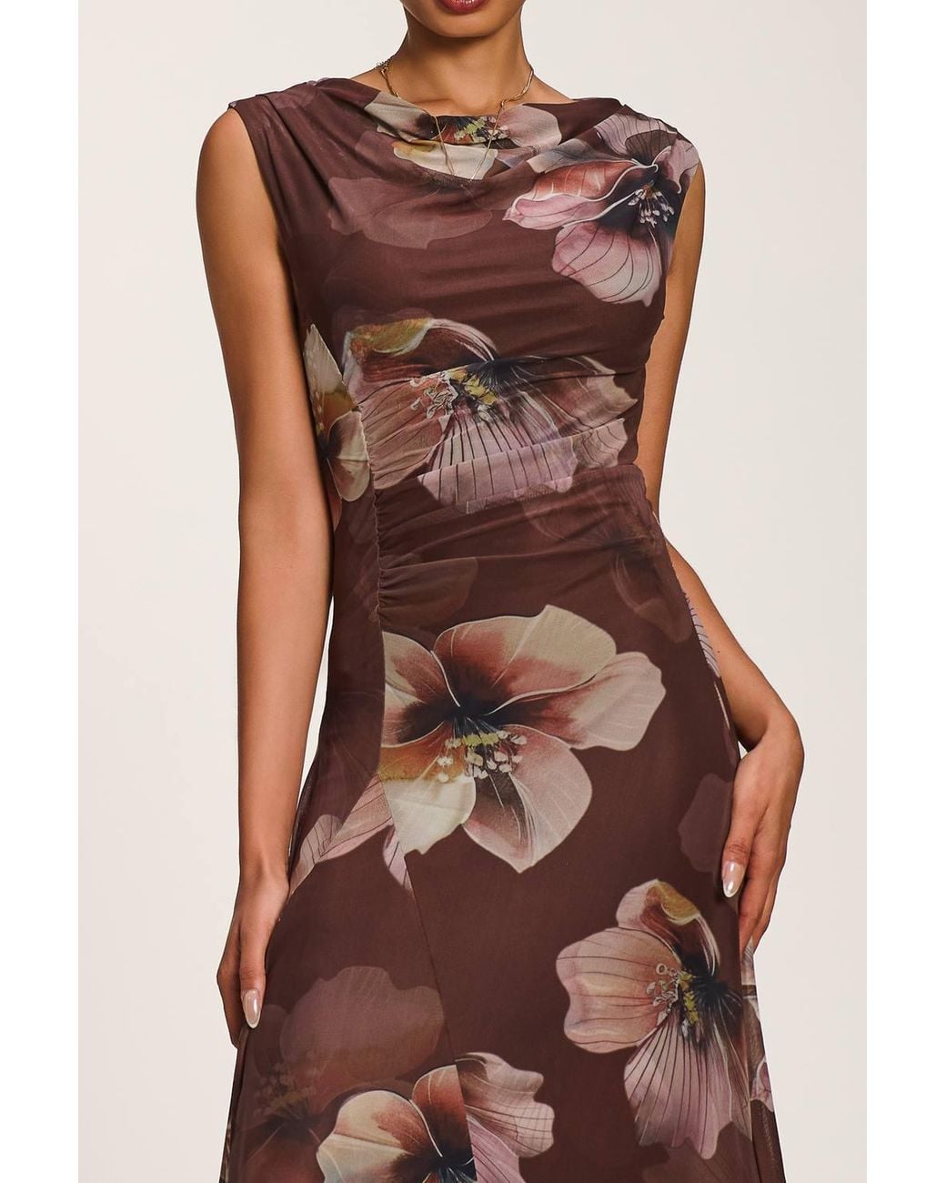 Jolie Moi Brown Asymmetric Draped Mesh Maxi Dress