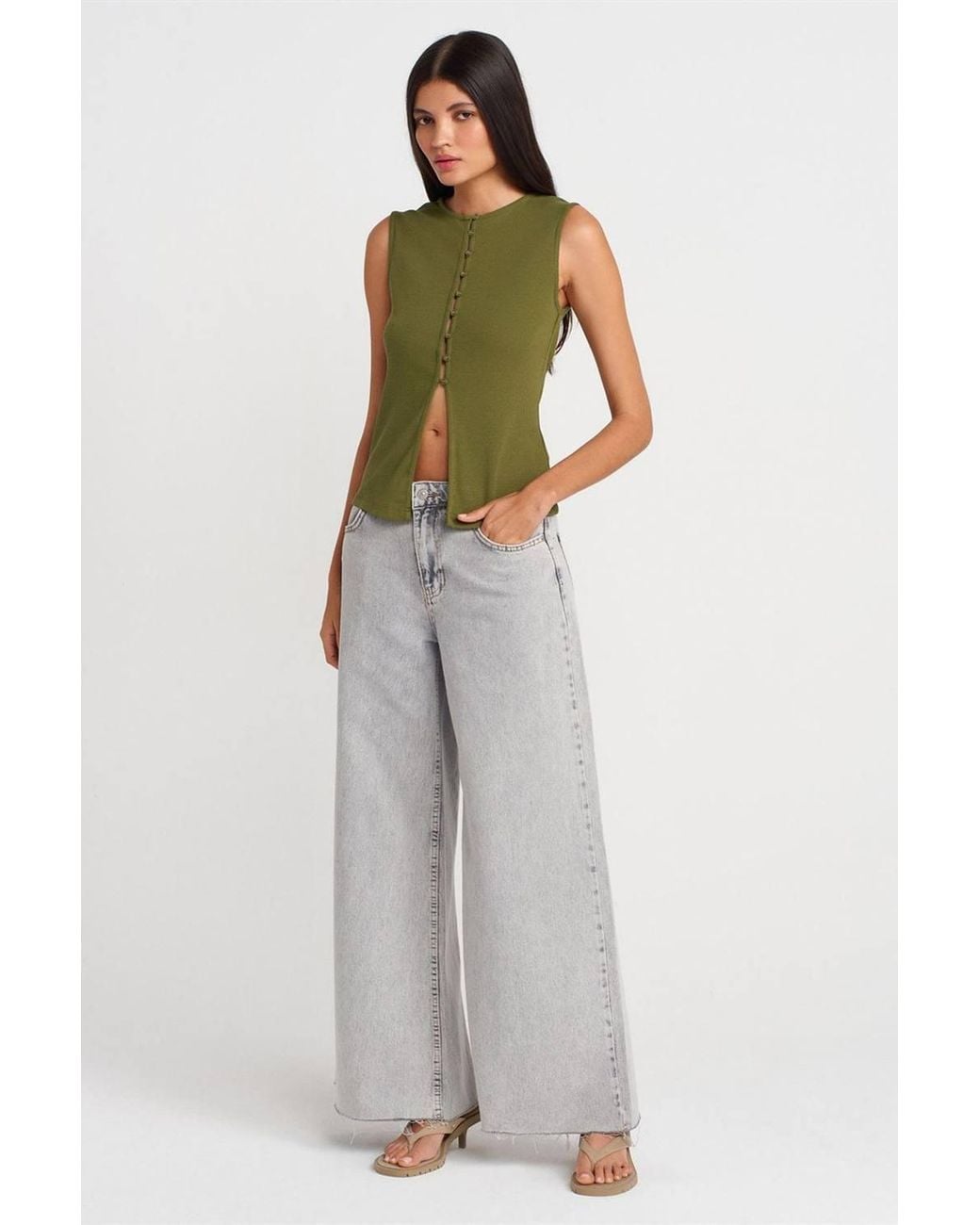 Dilvin Green Ribbed Sleeveless Button-Front Blouse