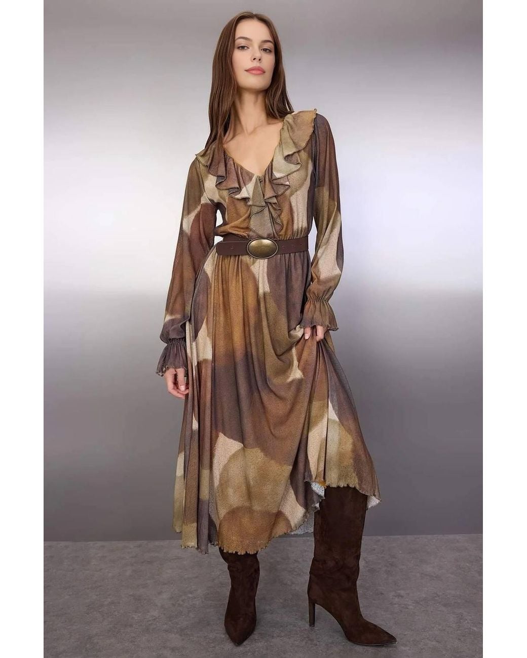 WOVCOR Brown Printed Ruffle Detail Maxi Stretch Knit Dress