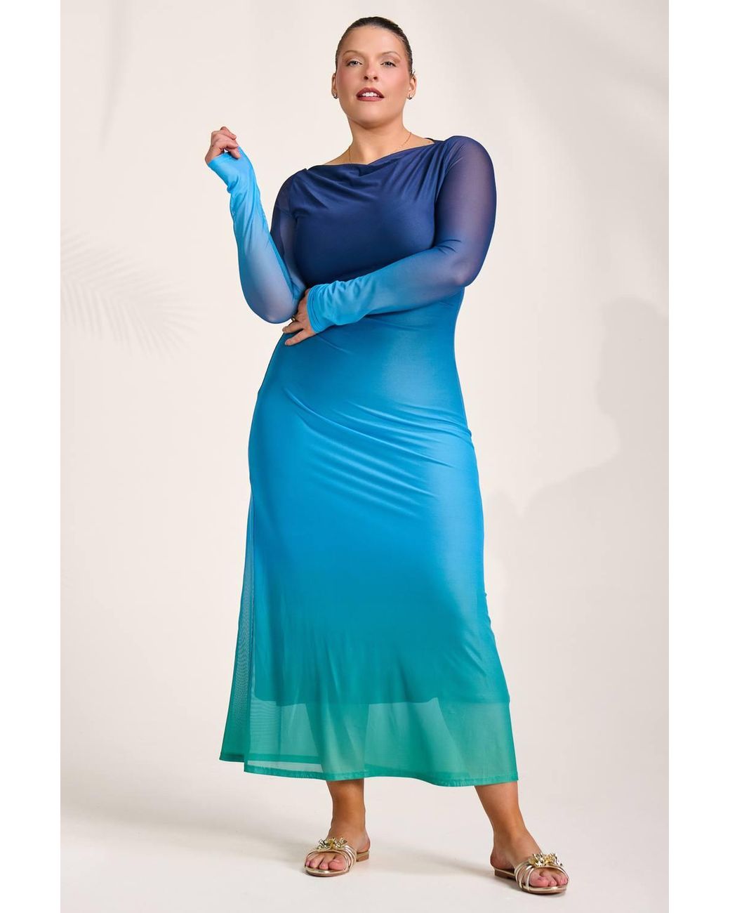 Jolie Moi Blue Long Sleeve Slash Neck Mesh Maxi Dress