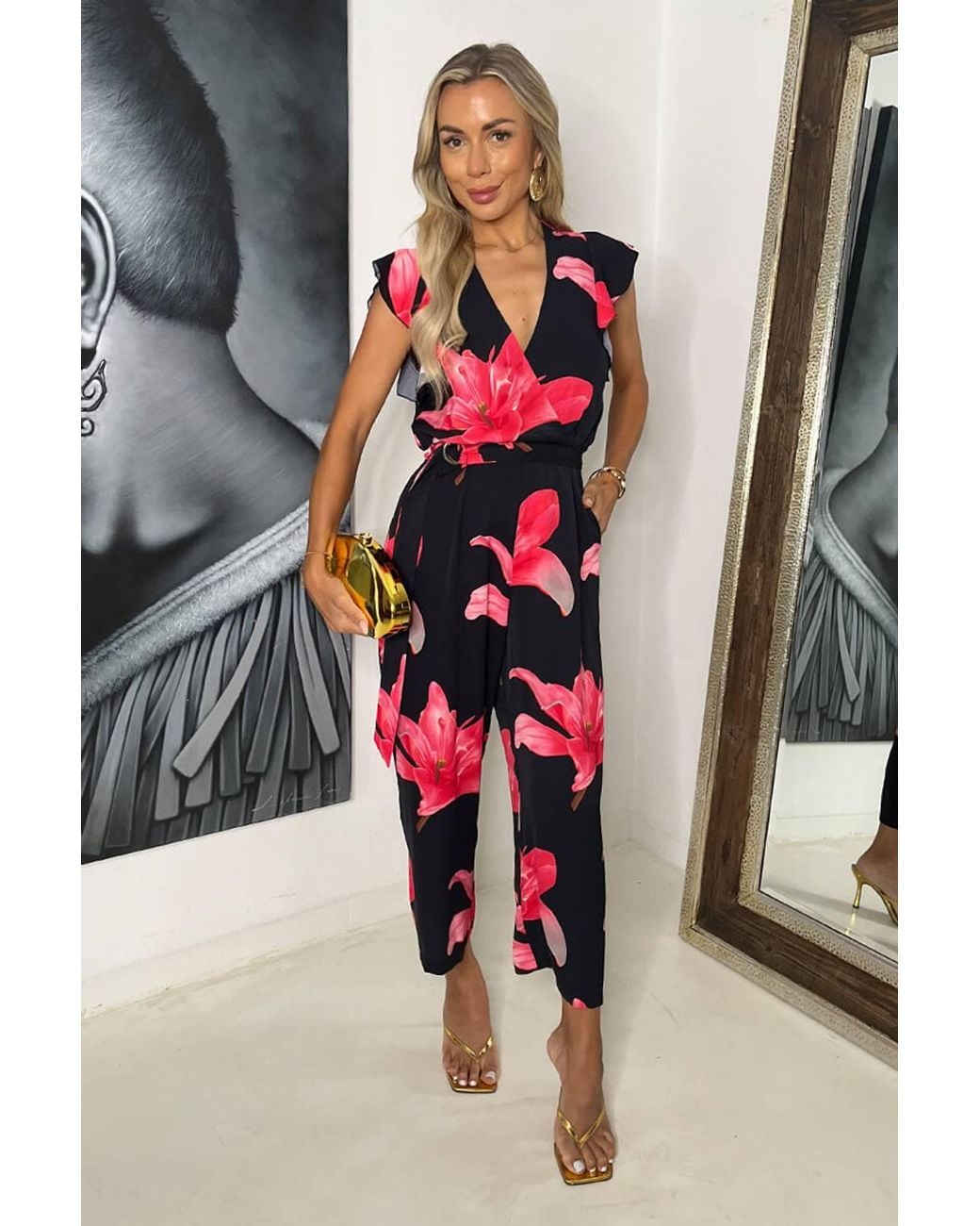 AX Paris Black Cerise Floral Print Wrap Top Belted Jumpsuit