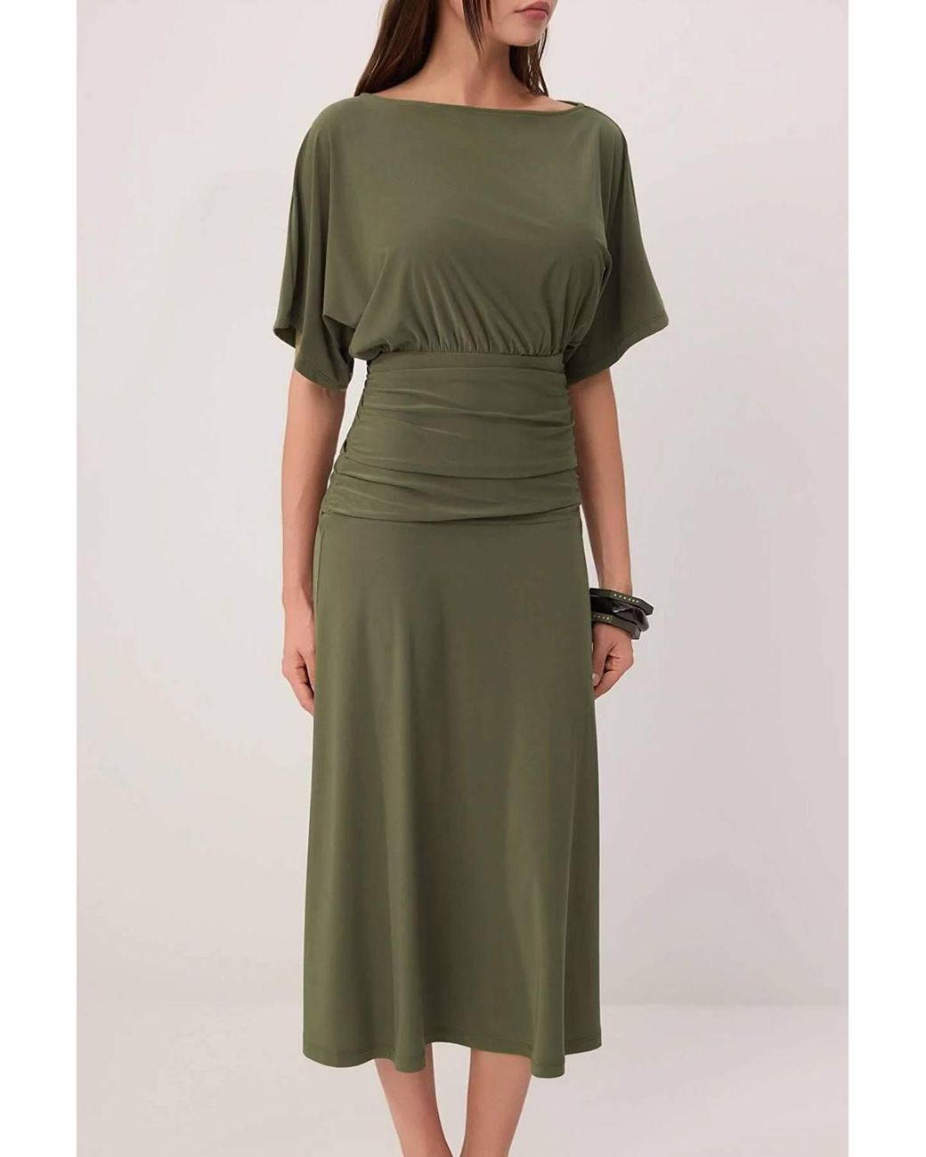 WOVCOR Green Boat Neck Batwing Sleeve Short Sleeve Skater Maxi Dress