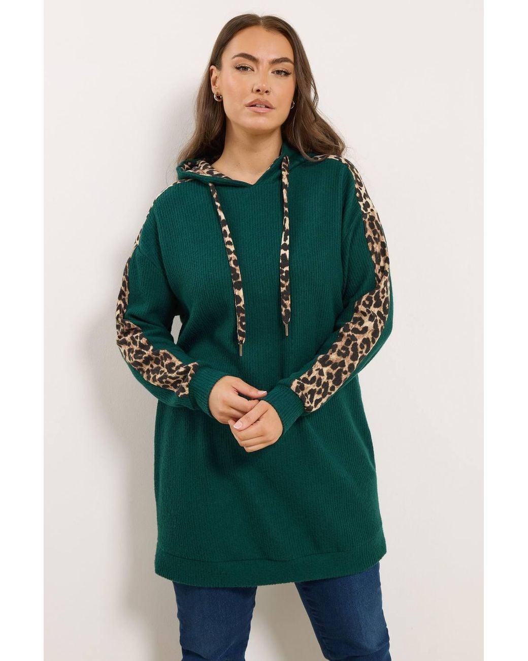 Yours Green Leopard Print Trim Hoodie