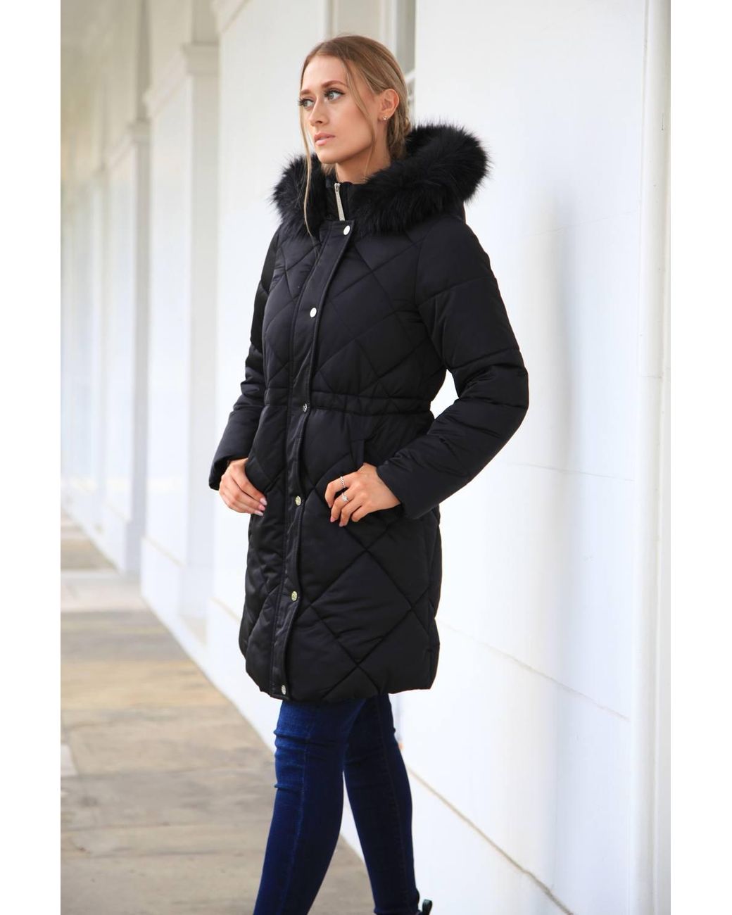 Double Second Black Lux Satin Long Puffer Coat