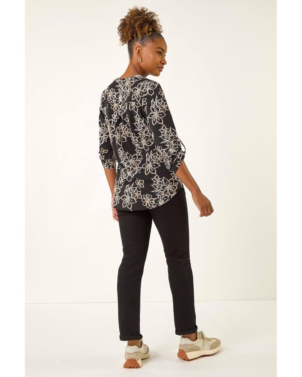 Roman Black Floral Puff Print Stretch Top