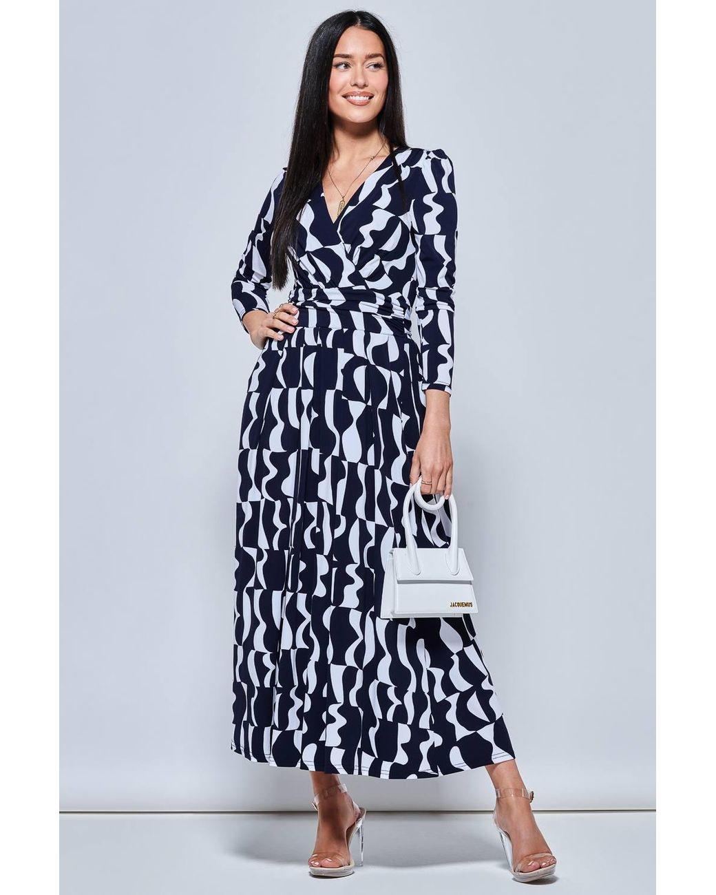 Jolie Moi Blue Geometric Print Long Sleeve Maxi Dress