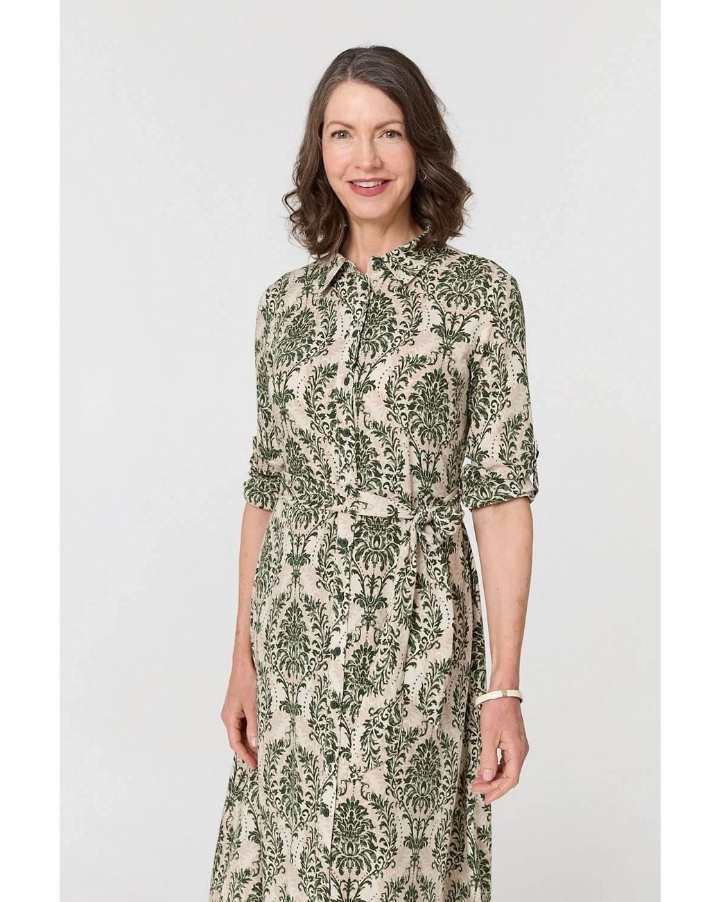 Izabel London Green Baroque Print Tie Waist Midi Shirt Dress