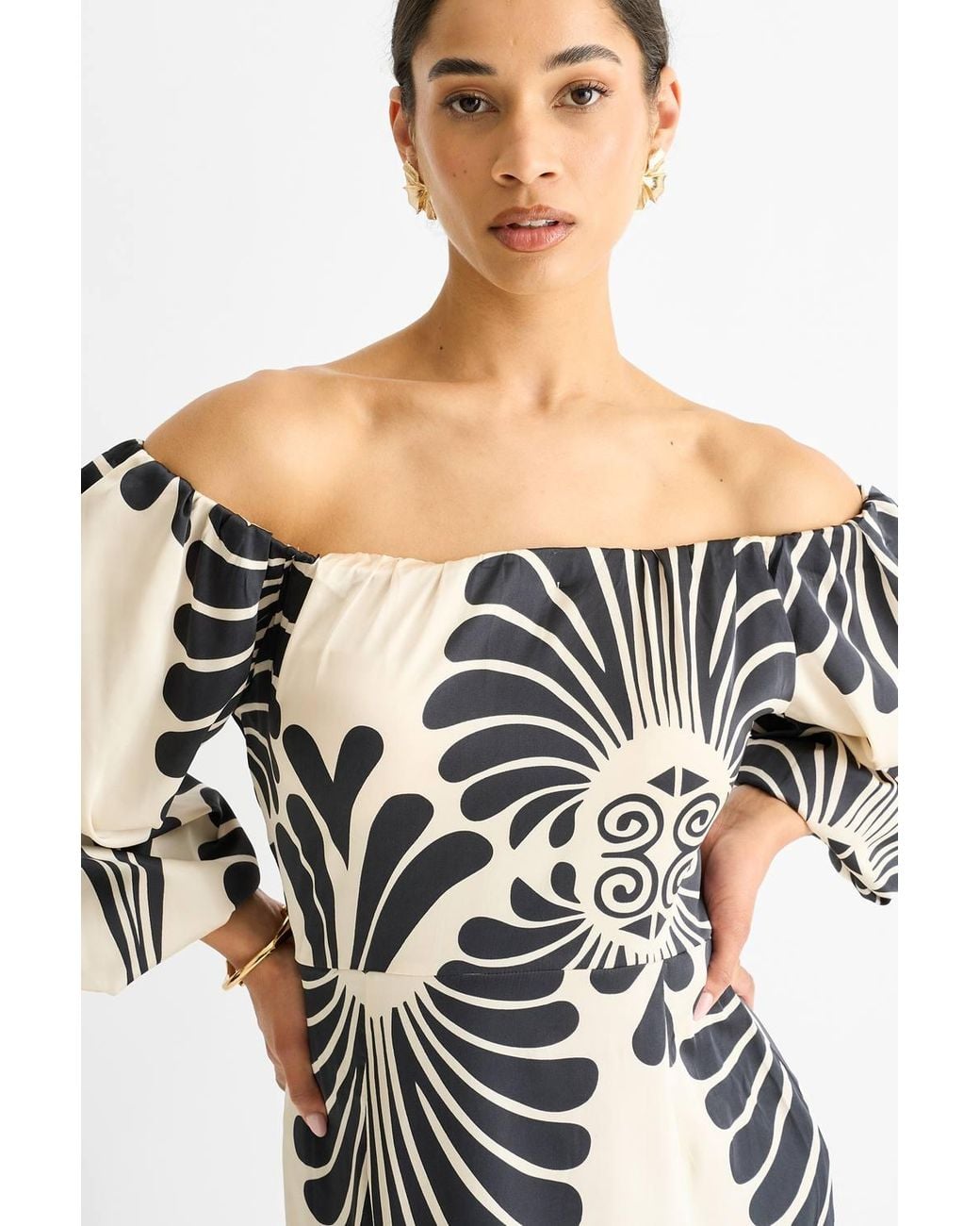 Gini London White Bardot Mono Print Maxi Dress