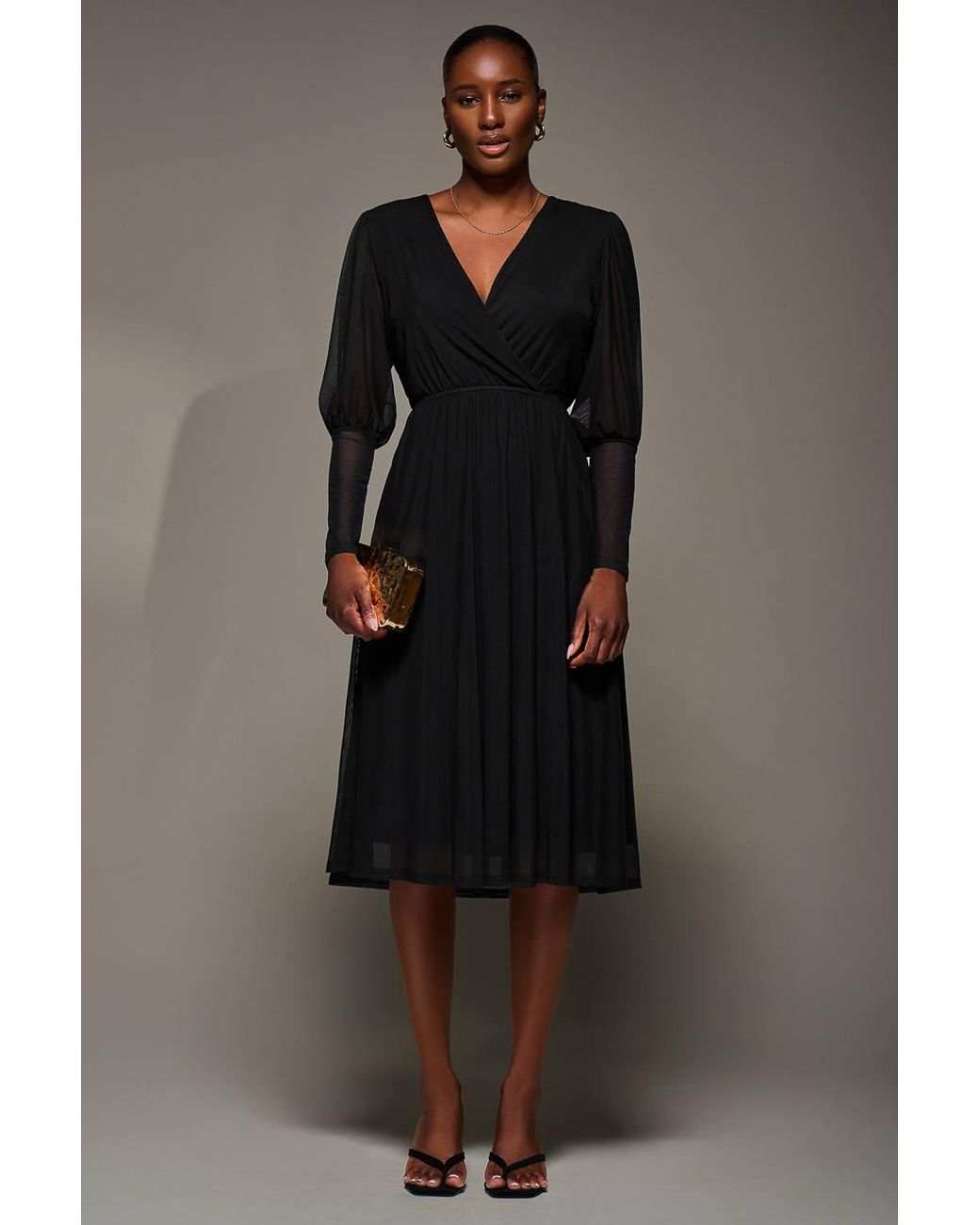 Jolie Moi Black Mesh Long Puff Sleeve Wrap Midi Dress