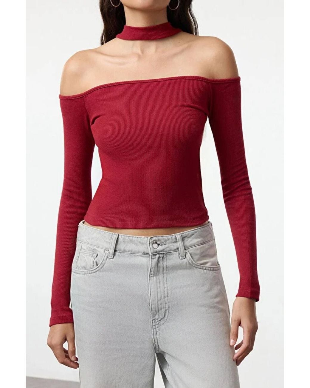 WOVCOR Red Choker Detailed Fitted Crop Ribbed Knit Blouse