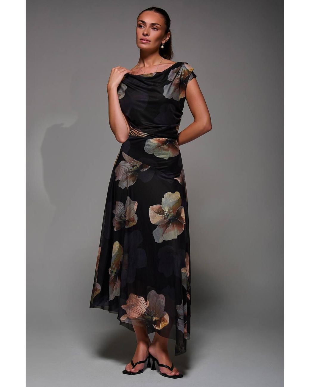 Jolie Moi Multicolor Mesh Asymmetrical Draped Maxi Dress