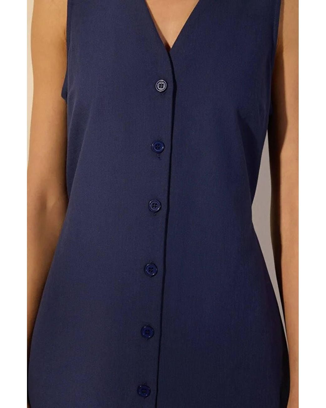 WOVCOR Blue Belted Linen Blend V Neck Midi Shirt Dress