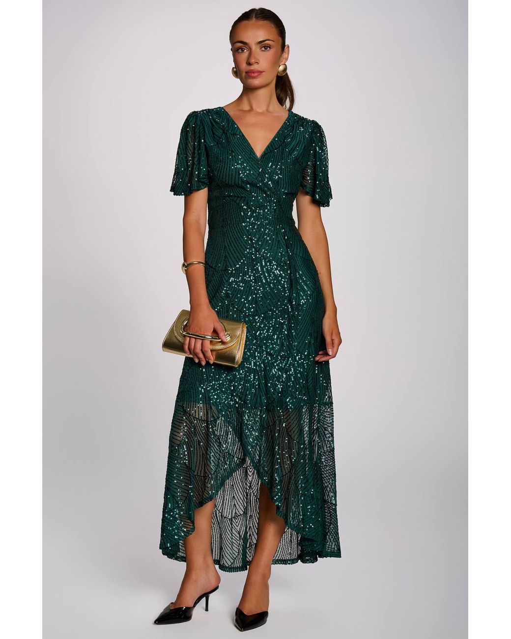 Jolie Moi Green Sequin Angel Sleeve Flare Hem Maxi Dress